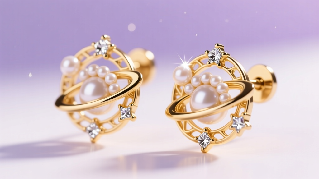 18k gold celestial stud earrings inspired by magical girl anime, with tiny freshwater pearls and small star-shaped diamond chips.