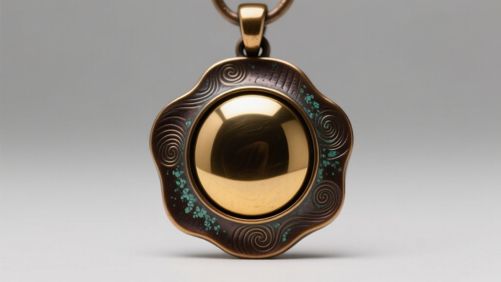 Close-up macro photography of a bronze pendant showing a gradient from polished gold-like center to dark brown oxidized edges