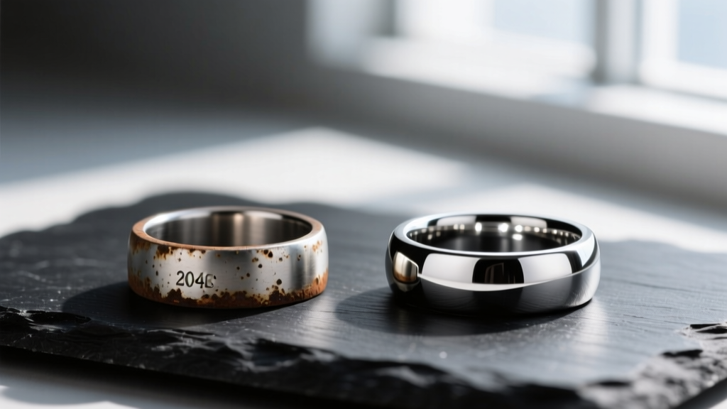Side-by-side comparison of a dull, corroded 304 steel ring and a highly polished 316L surgical steel ring on dark slate.