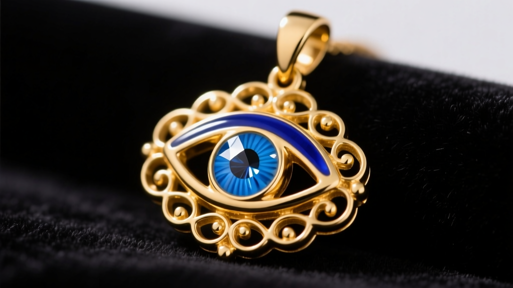 Close-up of a 14k yellow gold evil eye pendant with vibrant cobalt blue enamel and a diamond pupil resting on dark velvet.