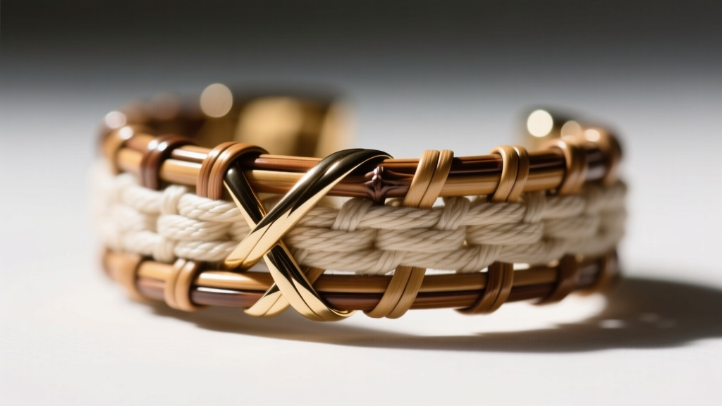 Macro view comparing glossy natural rattan cane and matte synthetic Dacron weave used in Nantucket basket jewelry crafting.