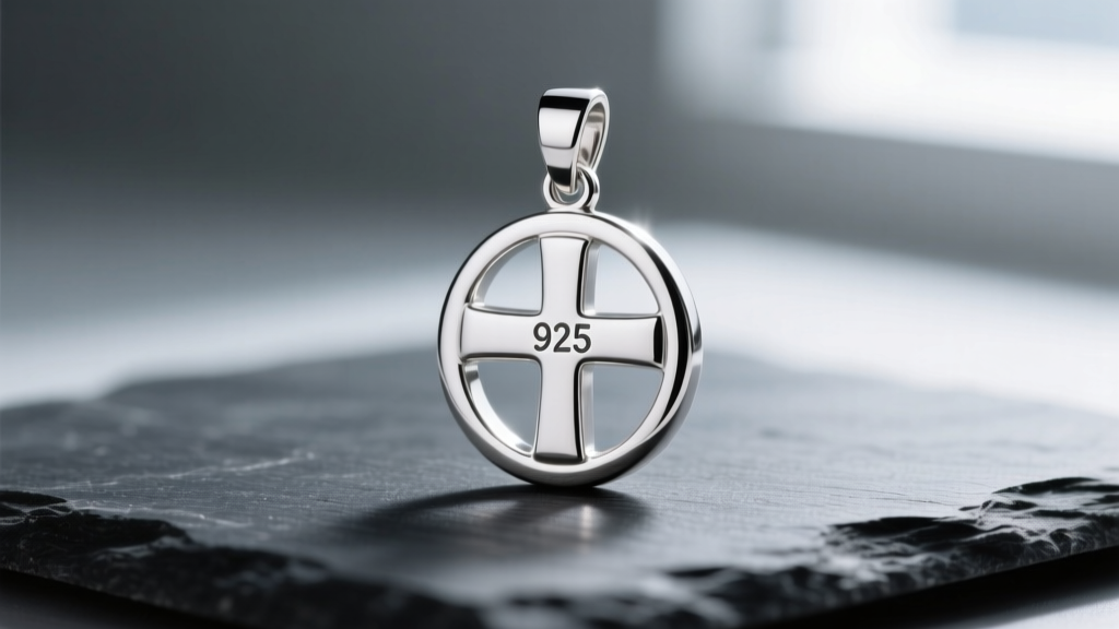 Macro shot of a sterling silver round cross pendant showing the 925 hallmark stamp on the bail, resting on dark slate.