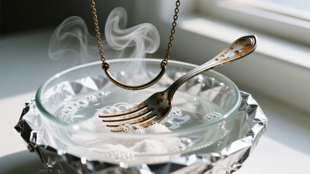 Tarnished bent fork necklace submerged in a glass bowl of boiling water and baking soda, with aluminum foil lining the bottom.