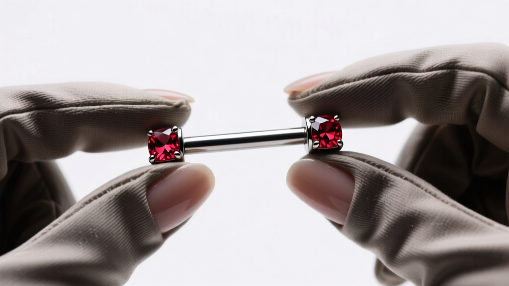 Close-up of gloved hands holding a 10-gauge threadless titanium barbell with small synthetic ruby ends under bright studio lighting