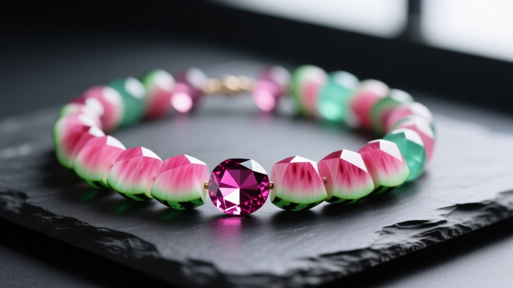 Macro photography of a vibrant watermelon tourmaline bead necklace resting on dark slate, highlighting pink-to-green color zoning.