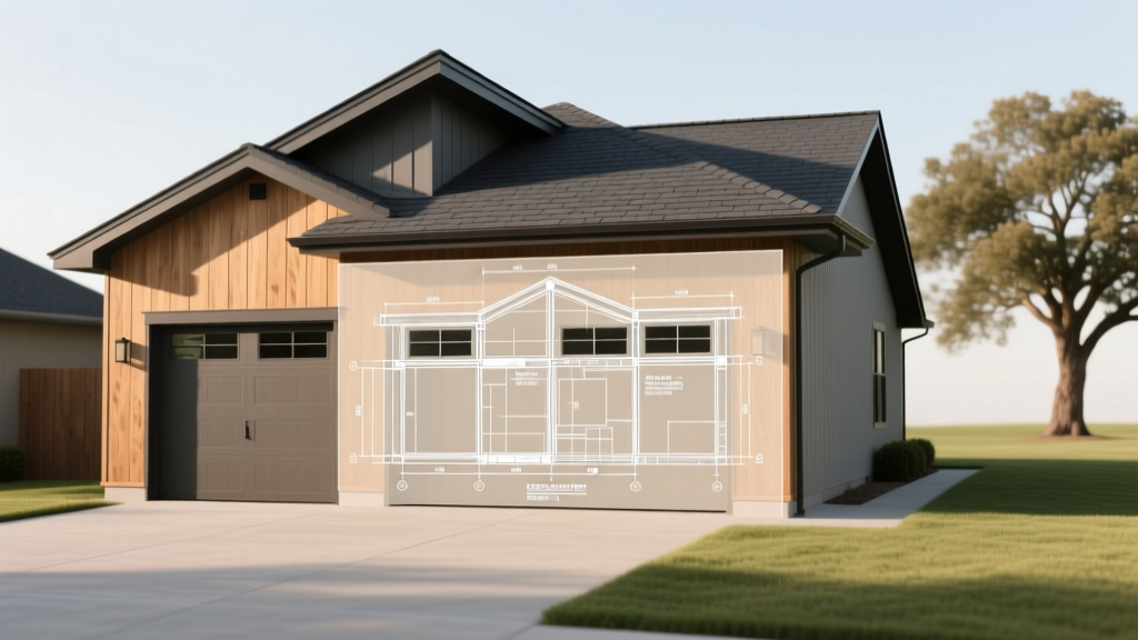 Architectural blueprint overlaying a finished two-car detached garage with LP SmartSide siding and architectural asphalt shingle roofing