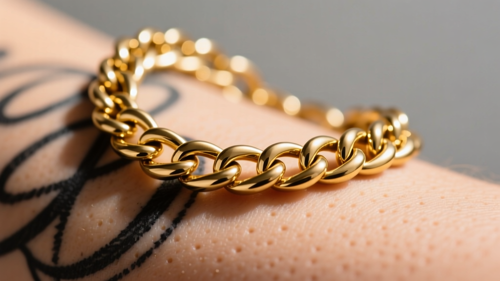 Macro photography of a heavy 4mm gold Cuban link chain resting on skin, showing the contrast between metal texture and fine-line ink.