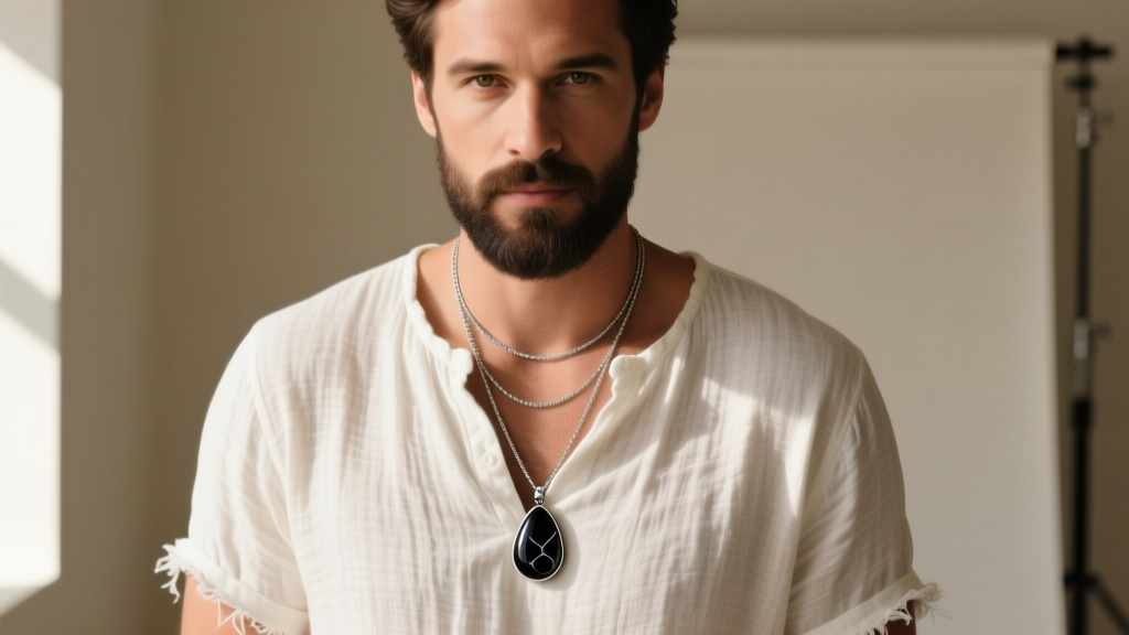 Editorial shot of a man wearing a layered mens gem necklace with a matte onyx teardrop over a vintage white linen henley shirt