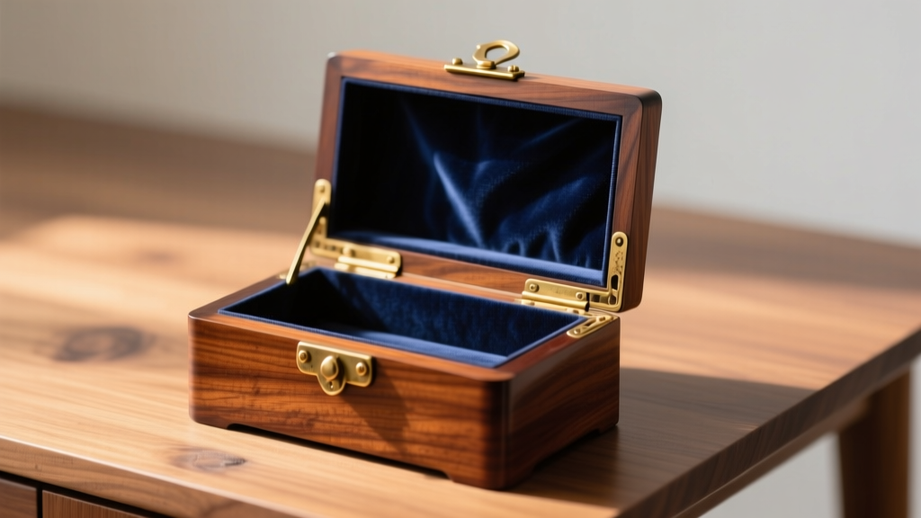 Close-up of a restored vintage mahogany Mele jewelry box with polished brass hinges and plush navy velvet interior on a desk.