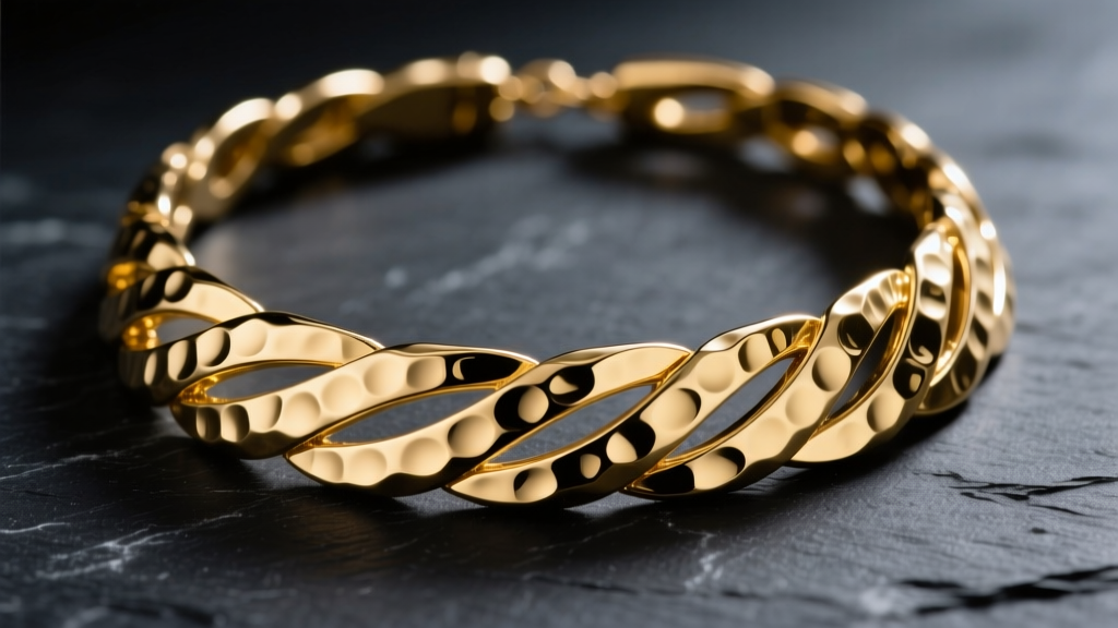 Close-up of a textured 14k solid yellow gold Lauren Rubinski necklace on dark slate, highlighting hammered finish