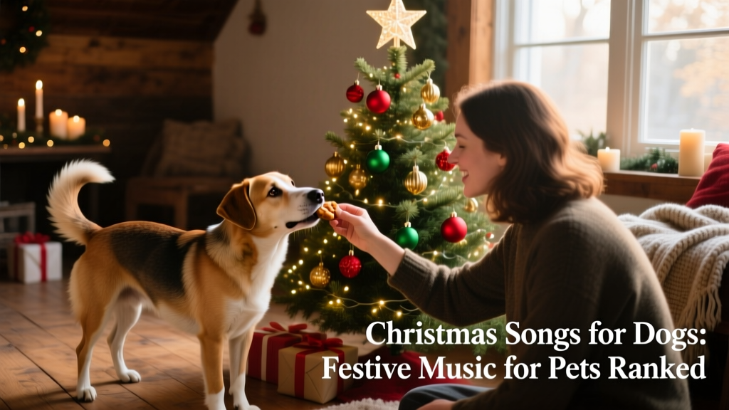 A person gently feeding their dog treats beside a decorated Christmas tree