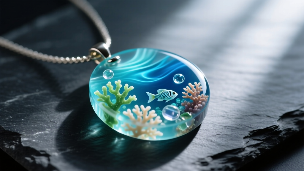 Close-up of a translucent ocean-themed epoxy resin pendant necklace on dark slate, illuminated by soft natural window light.