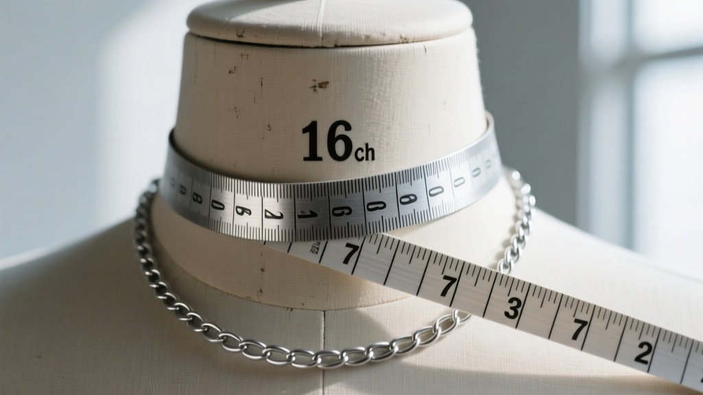 Close-up of a flexible measuring tape around a mannequin neck, highlighting the 16-inch mark against a silver cable chain.