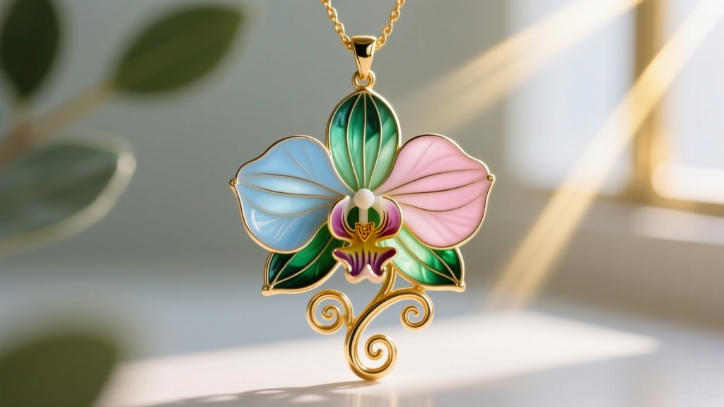 Macro shot of an Art Nouveau plique-à-jour enamel orchid pendant with gold whiplash curves against a softly blurred background.