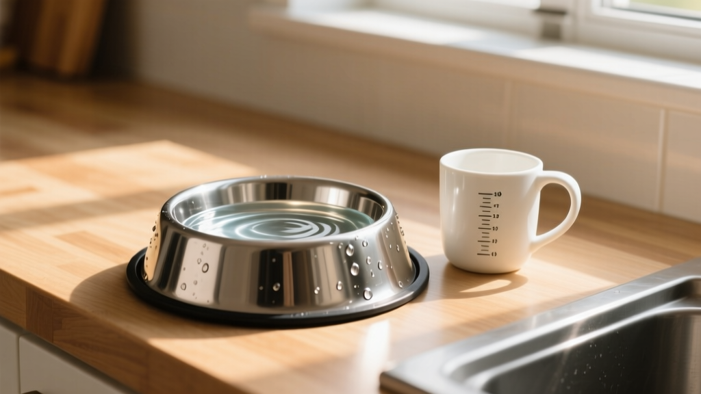 A clean, stainless steel dog water bowl filled with fresh water, placed on a kitchen counter beside a measuring cup