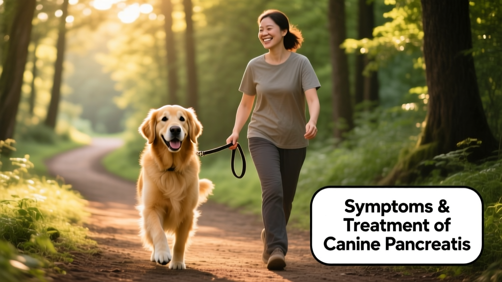 A happy, healthy dog walking beside their owner on a sunny trail