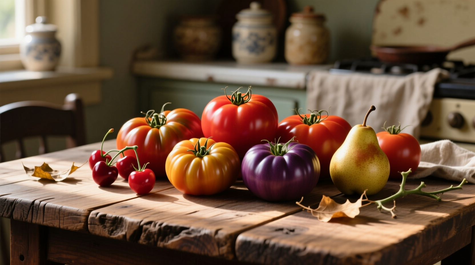 Various tomato varieties on wooden table