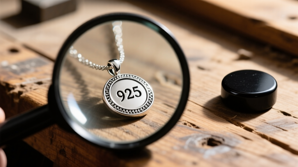 Loupe inspecting a crisp 925 stamp on a silver pendant, with a rare earth magnet resting nearby on a rustic wooden workbench.
