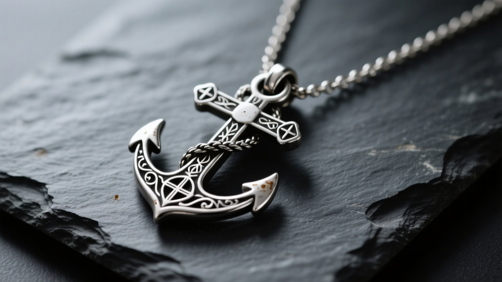 Close-up of a tarnished sterling silver anchor and cross necklace resting on dark slate, highlighting intricate engraved details.