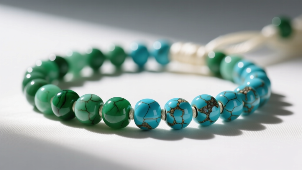 Macro shot of jadeite and turquoise heishi beads on silk thread, showing natural matrix inclusions and polished surface finishes