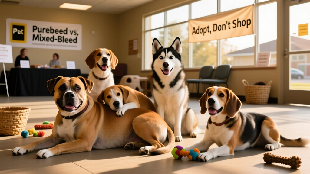 A diverse group of mixed-breed dogs—Pit Bull mix, Husky mix, and Beagle mix—relaxing together at a FurPetVo adoption event