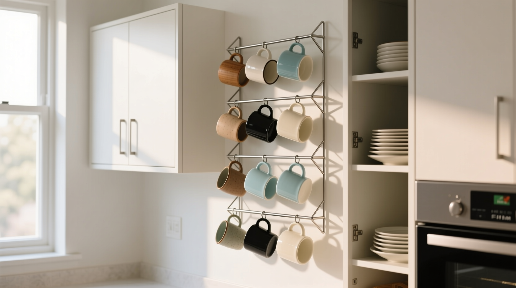 hang cups and use wire racks to maximize kitchen cupboa