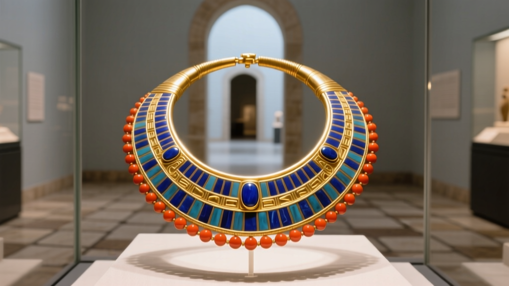 Museum display case lighting an ancient Egyptian broad collar necklace crafted from polished gold, lapis lazuli, and carnelian.