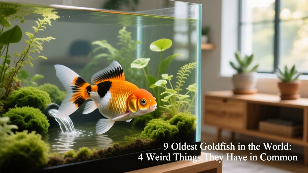 Goldie, a mature calico fantail goldfish, resting near a gentle filter outflow in a clean, algae-free indoor tank with live plants