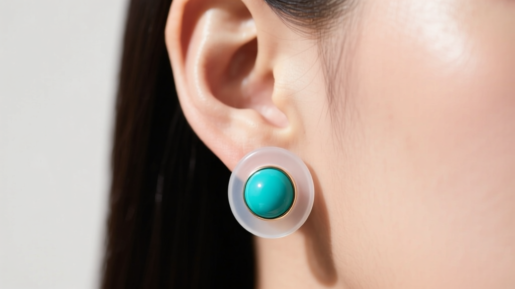 Close-up of an earlobe wearing a heavy turquoise ball earring supported by a clear silicone pad to prevent stretching and sagging.