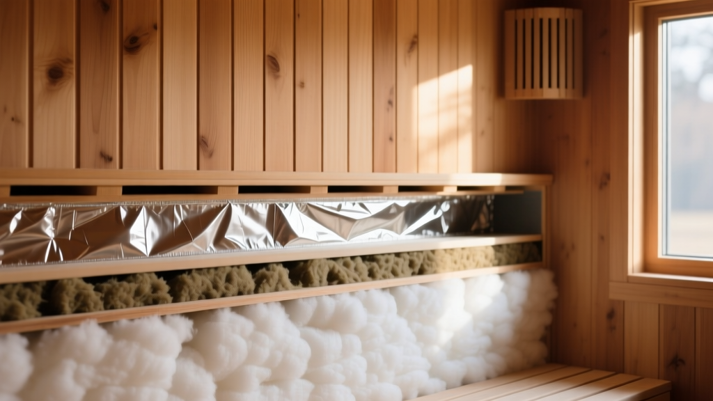 Cedar sauna wall cross-section showing foil vapor barrier, mineral wool insulation, and air gap behind tongue-and-groove paneling