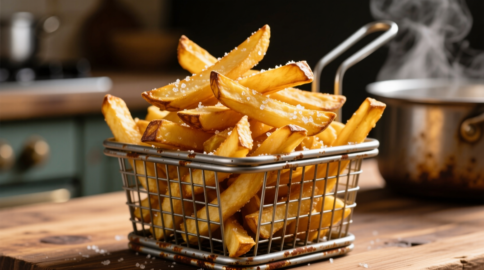 Golden crispy potato fries in a metal basket