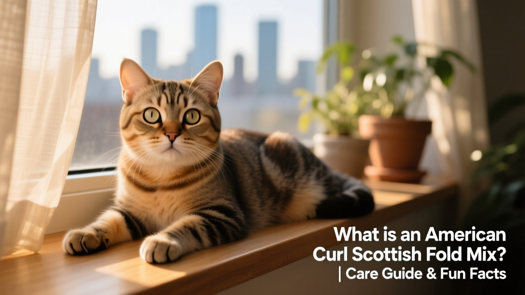 A relaxed American Curl Scottish Fold mix lounging on a sunlit windowsill, showing soft curled/folded ears and alert, friendly expression