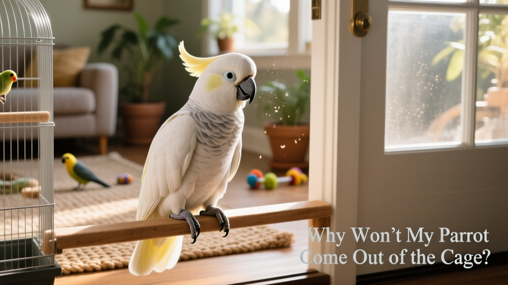 Senior umbrella cockatoo sitting calmly on a low perch just outside her open cage door, facing away but relaxed
