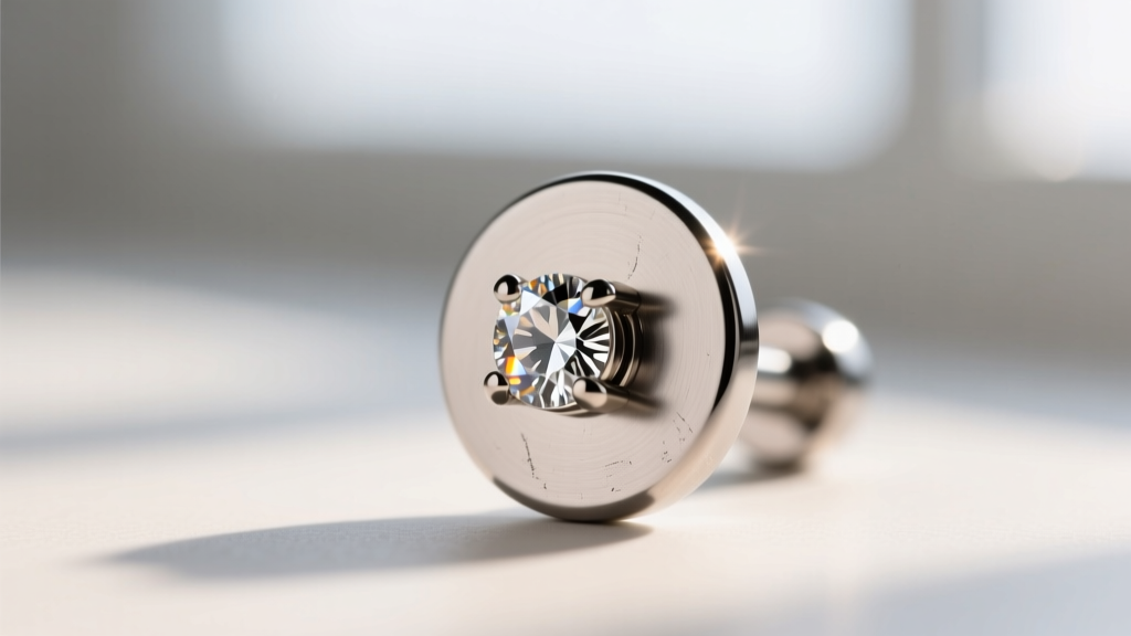 Macro view of an 18-gauge titanium flat-back labret post with a bezel diamond top, showing the smooth disc backing for sleep