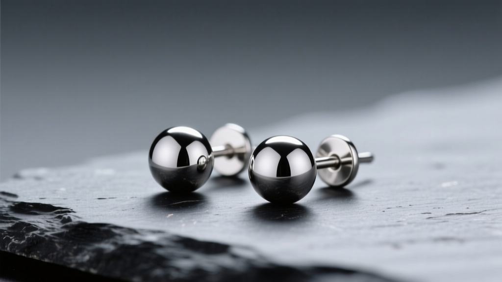 Macro shot of polished 4mm sterling silver ball stud earrings resting on dark slate surface with soft directional lighting setup