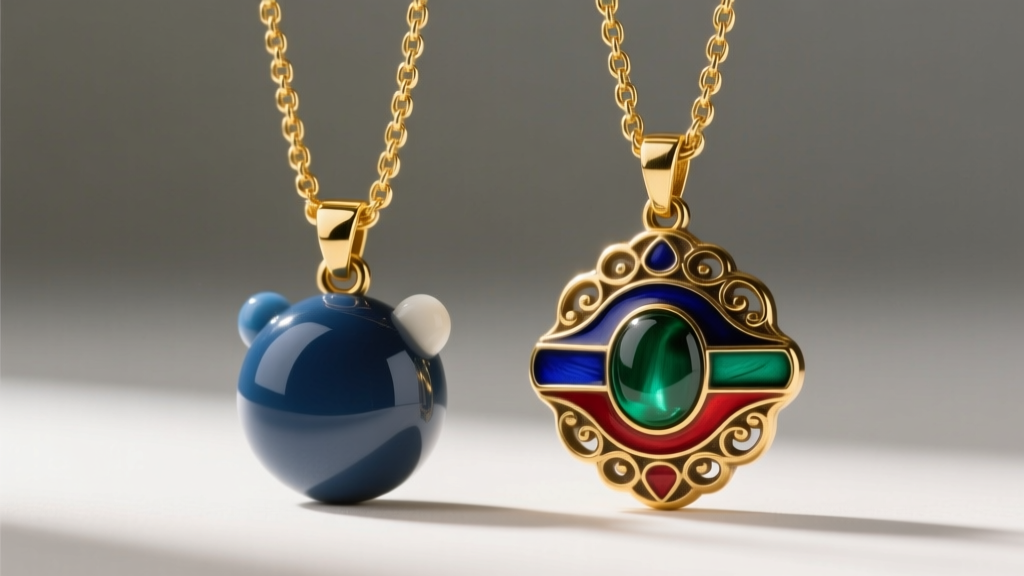 Macro shot comparing a plastic toy amulet necklace beside an enameled brass collector version with a sturdy gold box chain.