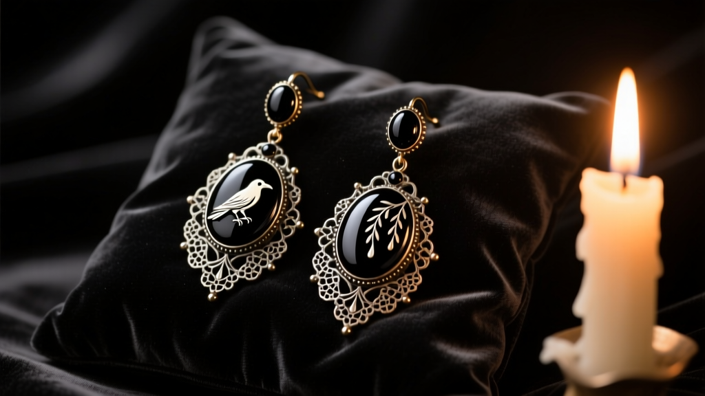 Antique Victorian Whitby jet mourning drop earrings resting on faded black velvet, illuminated by moody, dim candlelight.