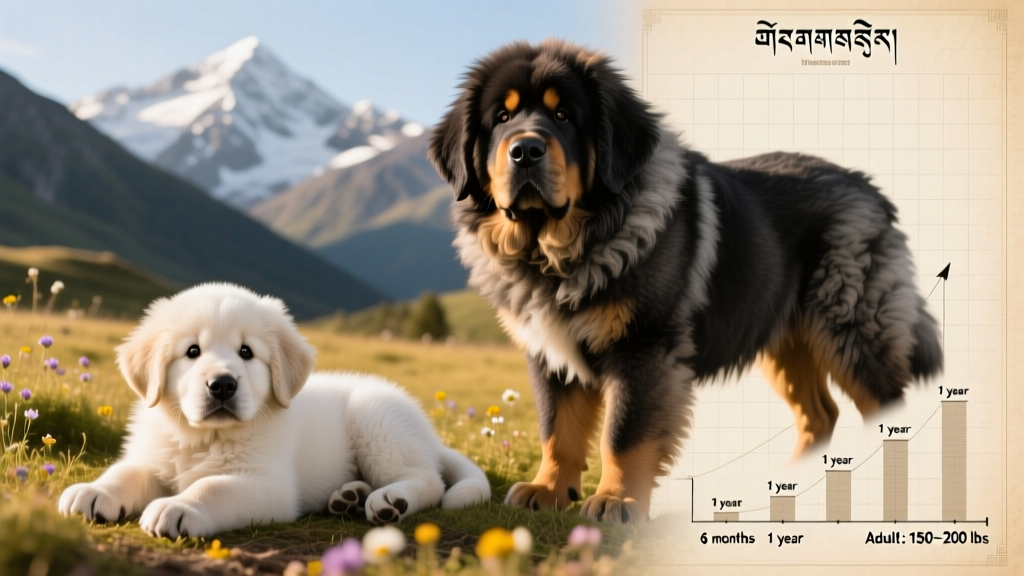 Side-by-side comparison of a Tibetan Mastiff puppy and adult, illustrating dramatic size difference