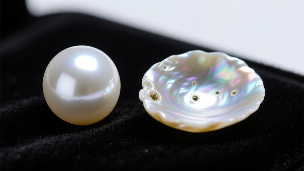 Close-up of round white Akoya pearl and baroque freshwater pearl on dark velvet under bright studio lighting, high detail macro.