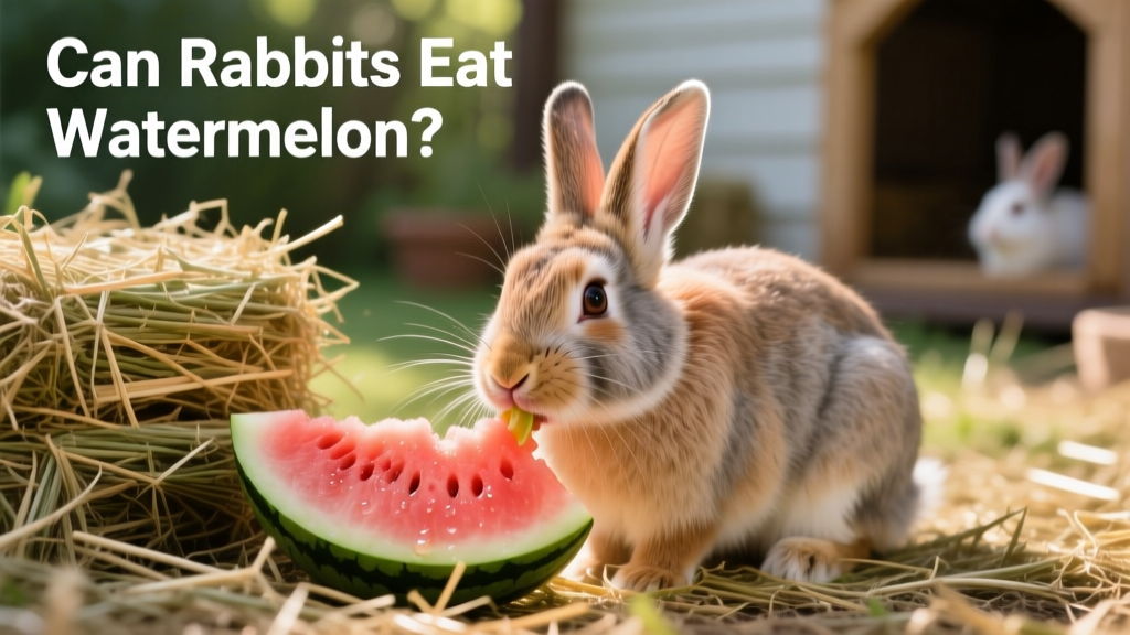 A healthy adult rabbit nibbling a small piece of watermelon beside a pile of timothy hay