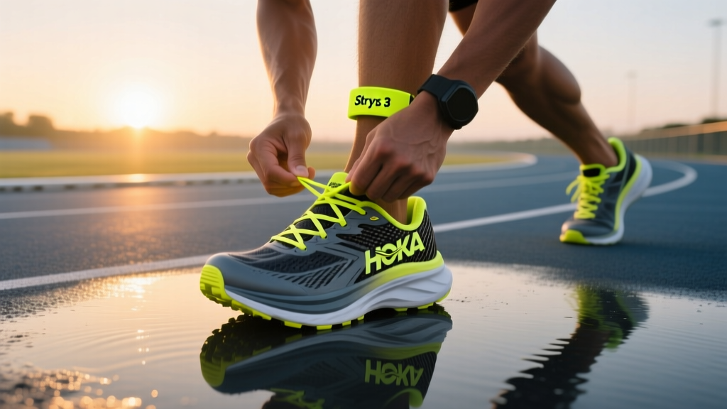 Runner tying a neon yellow Stryd V3 footpod onto the laces of a Hoka Carbon X 3 running shoe on a wet asphalt running track at sunrise