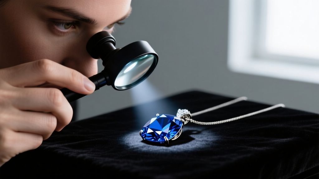 Jeweler inspecting the pavilion of a deep blue sapphire pendant with a loupe, illuminated by specialized gemological lighting