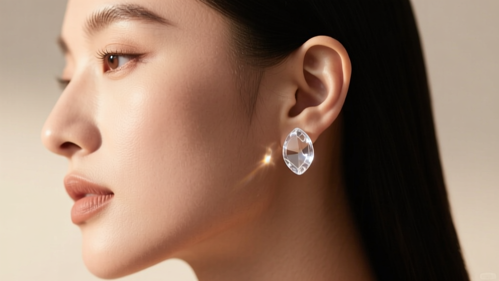 Side profile of a woman wearing a clear acrylic plastic earring stud, highlighting the jewelry transparency and skin tone.