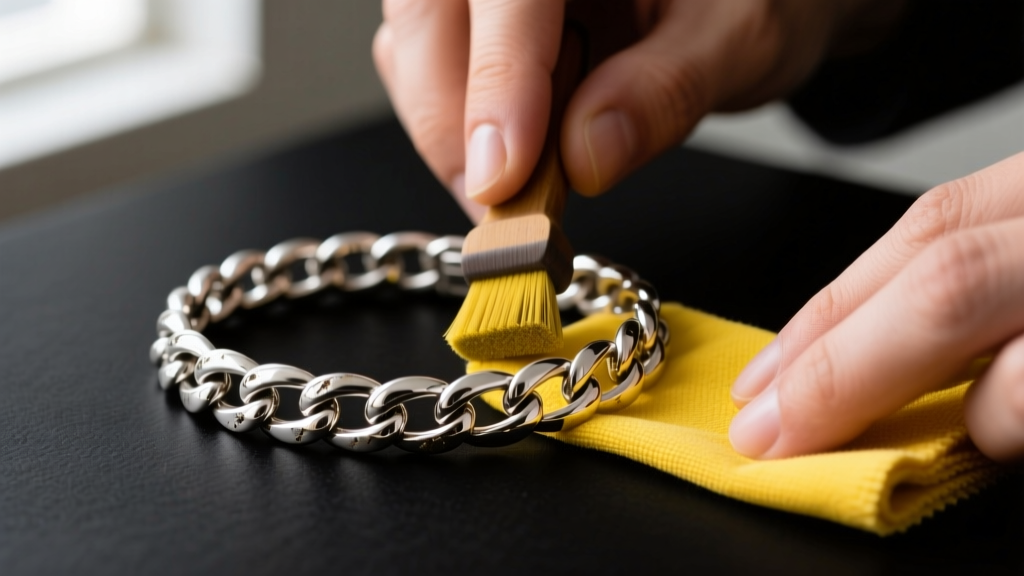 Hands using a yellow micro-abrasive polishing cloth to buff an oxidized 925 sterling silver chain link bracelet on a dark mat.