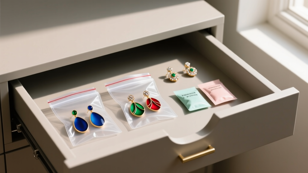 Organized jewelry drawer featuring anti-tarnish ziplock bags, silica gel packets, and tarnish strips next to enamel earrings.