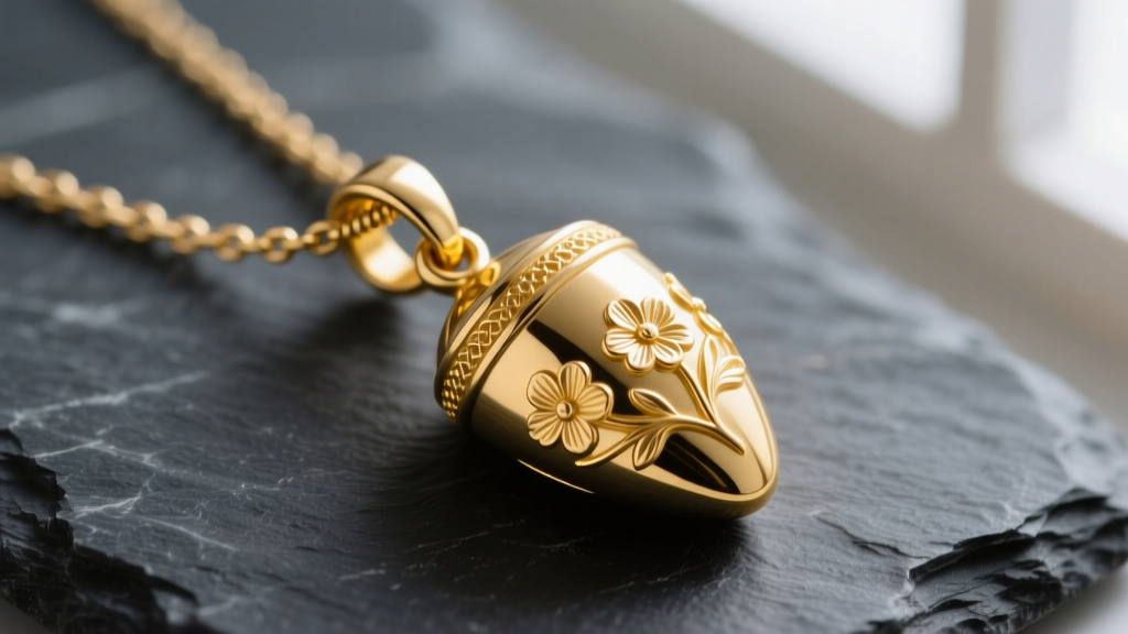 Macro shot of a 14k yellow gold urn necklace pendant on dark slate, highlighting the screw-top bail and subtle floral engraving.