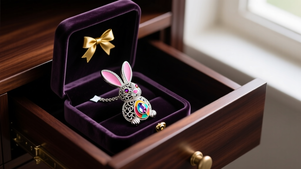 Open velvet jewelry box displaying an Easter bunny pendant stored with anti-tarnish strips inside a dark mahogany wardrobe drawer.
