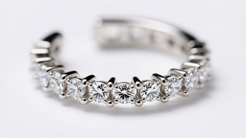Macro view of a micro-pave setting on a white gold ear cuff, showing precise metal prongs holding small round brilliant-cut stones.