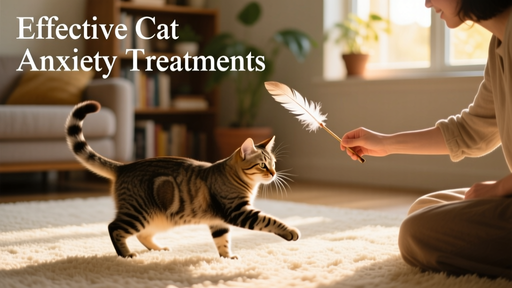 A person playing with a cat using a feather wand toy on a carpeted floor