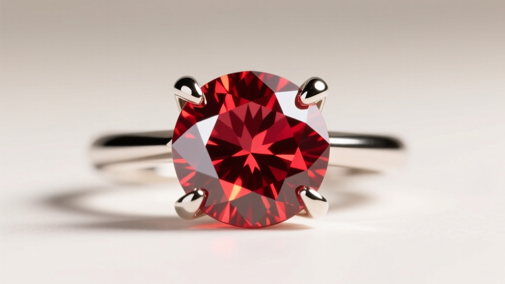 Macro photo of a 0.5 carat fancy vivid red diamond in a four-prong platinum setting, highlighting the stone